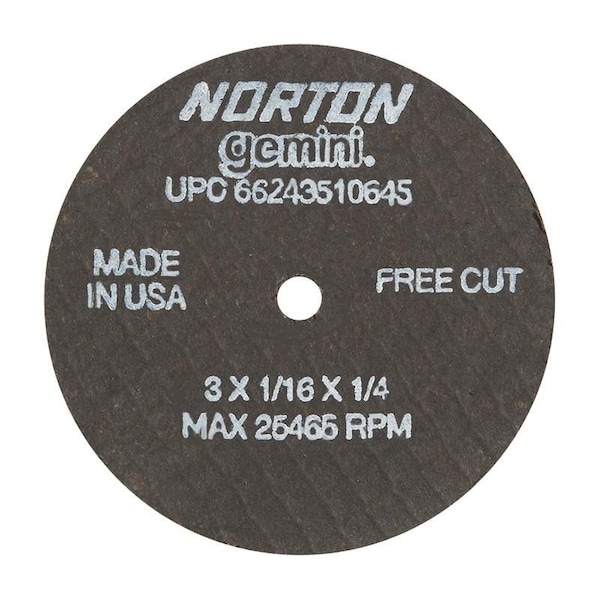 Norton Co SMALL CUT-OFF BLADES, Type 1 - Metal - Gemini Aluminum Oxide, Size: 3 x 1/16 x 1/4, Max RPM: 25465 662435-10645 - main